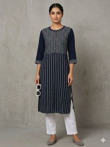 Navy Blue Striped Cotton Kurta