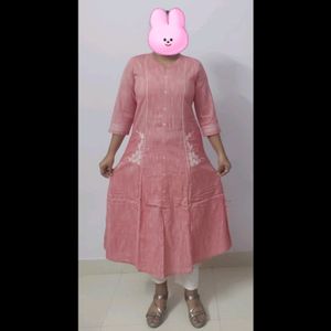 Peach Colour Pure Cotton Embroidered Kurti With Two Pockets