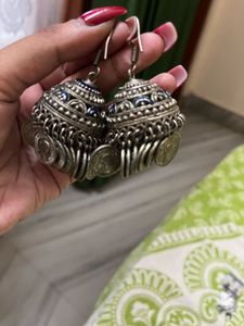 Oxidized Silver Jhumka Earrings with Coins