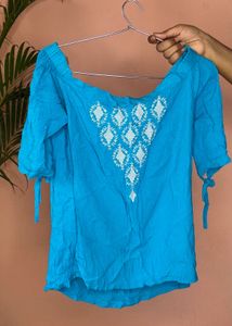Vibrant Blue Embroidered Off-Shoulder Kurta