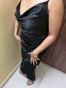Elegant Black Satin Midi Dress