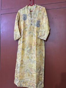 festive silk kurta set in mustard and grey