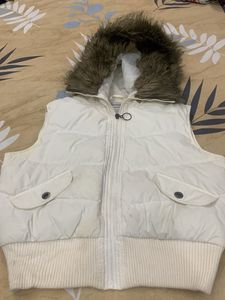 White Puffer Vest with Fur Hood