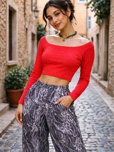 Red Long Sleeve Crop Top