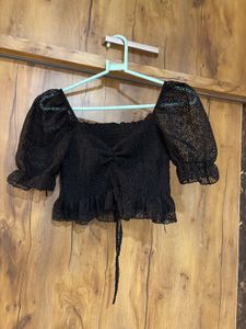Black Smocked Lace Crop Top in