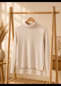 Cream Ribbed Turtleneck Sweater