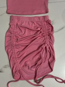 Pink One-Shoulder Ruched Mini Dress Set