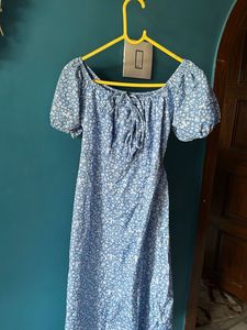 Blue Floral Puff Sleeve Midi Dress