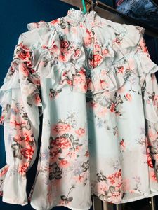 Light Blue Floral Ruffle Top