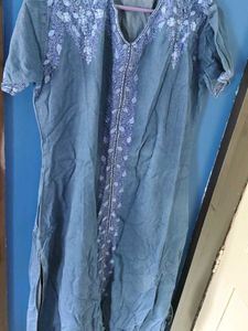 Embroidered Denim Kurta
