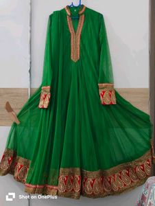 Green Ethnic Gown With Trouser And Dupatta