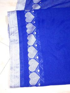 Royal Blue Cotton Saree with Silver Zari Border
