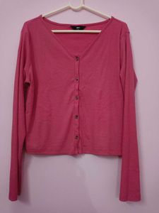 Ribbed Pink Button-Up Cardigan