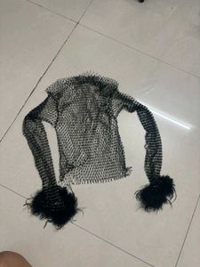 Black Feather Embellished Mesh Top