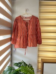brick &amp; White Striped Peplum Top