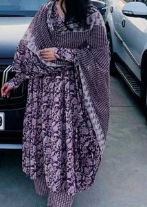 Purple Floral Print Cotton Suit Set