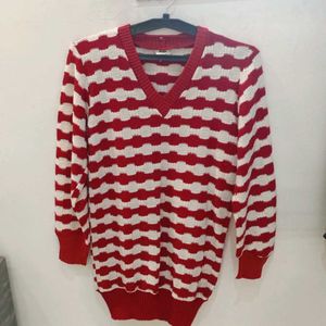 Red and White Striped V-Neck Knit Sweater