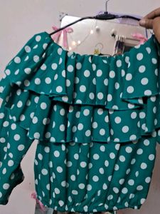 Chic Teal Polka Dot Off-Shoulder Top