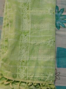Lime Green Embroidered Dupatta with all over pearl