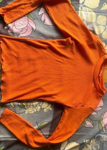 Orange Ribbed Crop Long Sleeve Top