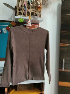 Brown Ribbed Long Sleeve Top