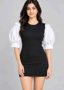 Chic Black & White Puff Sleeve Dress