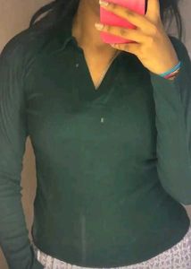 Green Ribbed Polo Long Sleeve Top AndPink To