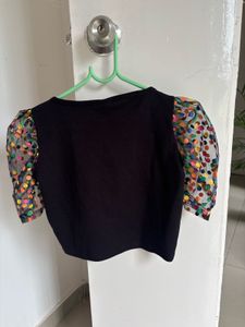 Stylish Black Top with Colorful Puff Sleeves