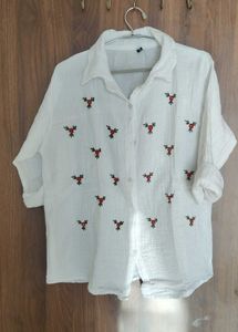 women Floral Embroidered White Shirt