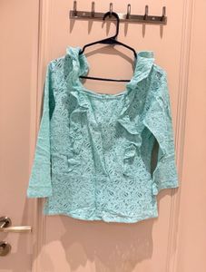 Aqua Blue Lace Ruffle Top
