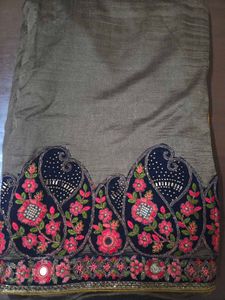 Embroidered yellow and charcoal Silk Saree