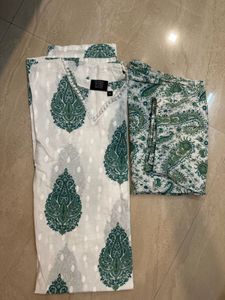 White Kurta Set with Green Paisley Print