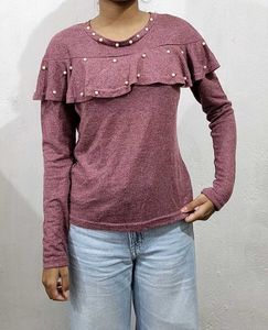 Ruffle Pearl Long Sleeve Top