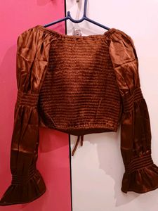 Chic Brown Satin Tie-Front Crop Top