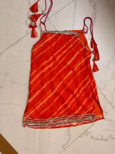 Vibrant Orange Striped Blouse with Tassels