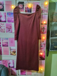 New Maroon Puff Sleeve Square Neck Dress