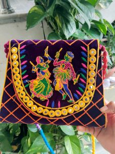 Garba Pattern Vintage Embroidered Velvet Clutch,
