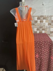 Elegant Orange Lace Trim Nightgown