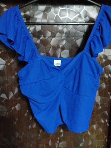 Blue Ruffle Sleeve Crop Top