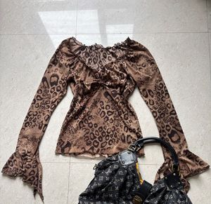 Sheer Leopard Print Flare Sleeve Top