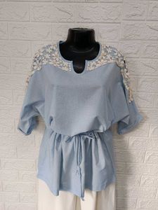Blue Lace-Trimmed Tunic Top