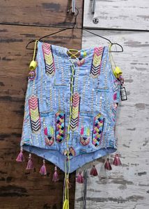 Embroidered Blue Coord Set with Tassels