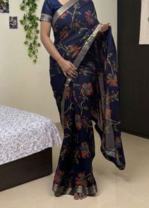 Elegant Navy Blue Floral Georgette/Chiffon Saree w