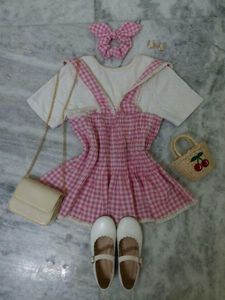 Pink Gingham Pinafore Dress Set