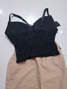 Chic Black Lace Top &amp; Tan Pants Set