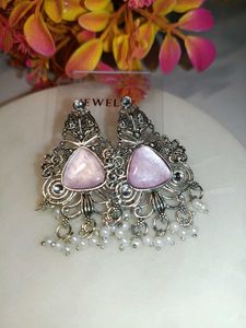 Elegant Silver Pink Stone Dangle Earrings