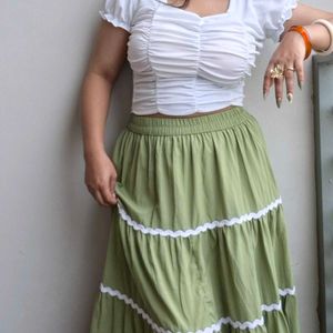 White Ruched Crop Top and olive green skirt
