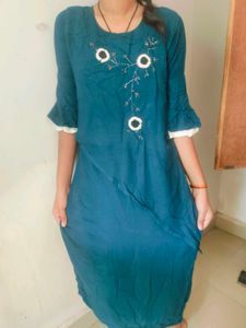 Blue And White Kurti Cheed Moti Work