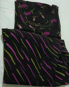 Black Kurta Set with Floral and Stripe Print