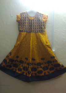 Yellow Anarkali Gown with Dark Blue Motifs